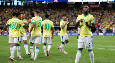 Vinicius Jr. festeja un gol de Brasil, el 29 de junio de 2024.