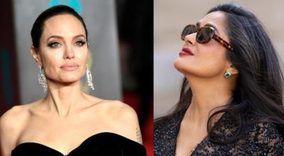 La productora Angelina Jolie y la protagonista de su película, Salma Hayek.