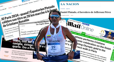 Ilustración de una fotografía de Daniel Pintado sobre titulares de la prensa internacional sobre su oro olímpico en Paris 2024.