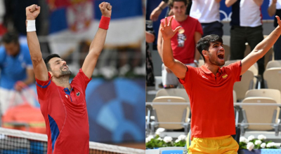 Novak Djokovic y Carlos Alcaraz durante sus partidos en los Juegos Olímpicos de París, 3 de agosto de 2024.