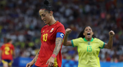 Jugadoras de España y Brasil durante la semifinal en los Juegos Olímpicos de París, 6 de agosto de 2024.