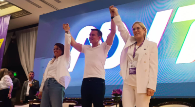 María José Pinto, Daniel Noboa y Annabella Azín, en la Convención de ADN. Quito, 9 de agosto de 2024