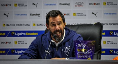 Pablo 'Vitamina' Sánchez durante la conferencia de prensa luego de la victoria de Liga de Quito ante Cumbaya FC por 2-1 el 10 de agosto de 2024.