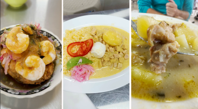 Imágene de una corvina, guatita y yahuarlocro, tomadas en varios mercados de Quito. Agosto 2024.