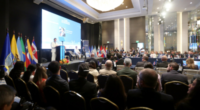 El presidente de la República, Daniel Noboa, en su discurso de inauguración de la cumbre de ministros de seguridad de América Latina, este lunes 19 de agosto de 2024 en Guayaquil.