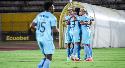 Jugadores de Universidad Católica festejando un gol ante Mushuc Runa, 30 de agosto de 2024.