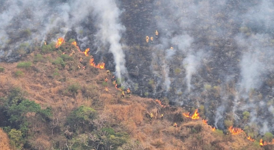 Bomberos trabajan en el combate de un incendio forestal en el cantón Quilanga, en el sur de Loja, el 2 de septiembre de 2024.