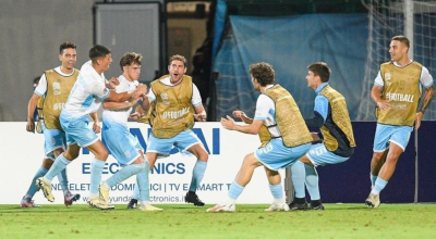 Jugadores de San Marino celebrando su gol, 5 de septiembre de 2024.